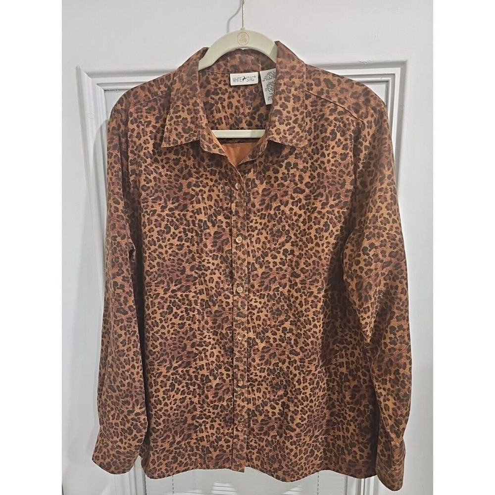White Stag Womens Top Leopard Print Long Sleeve Button Up Size Large
